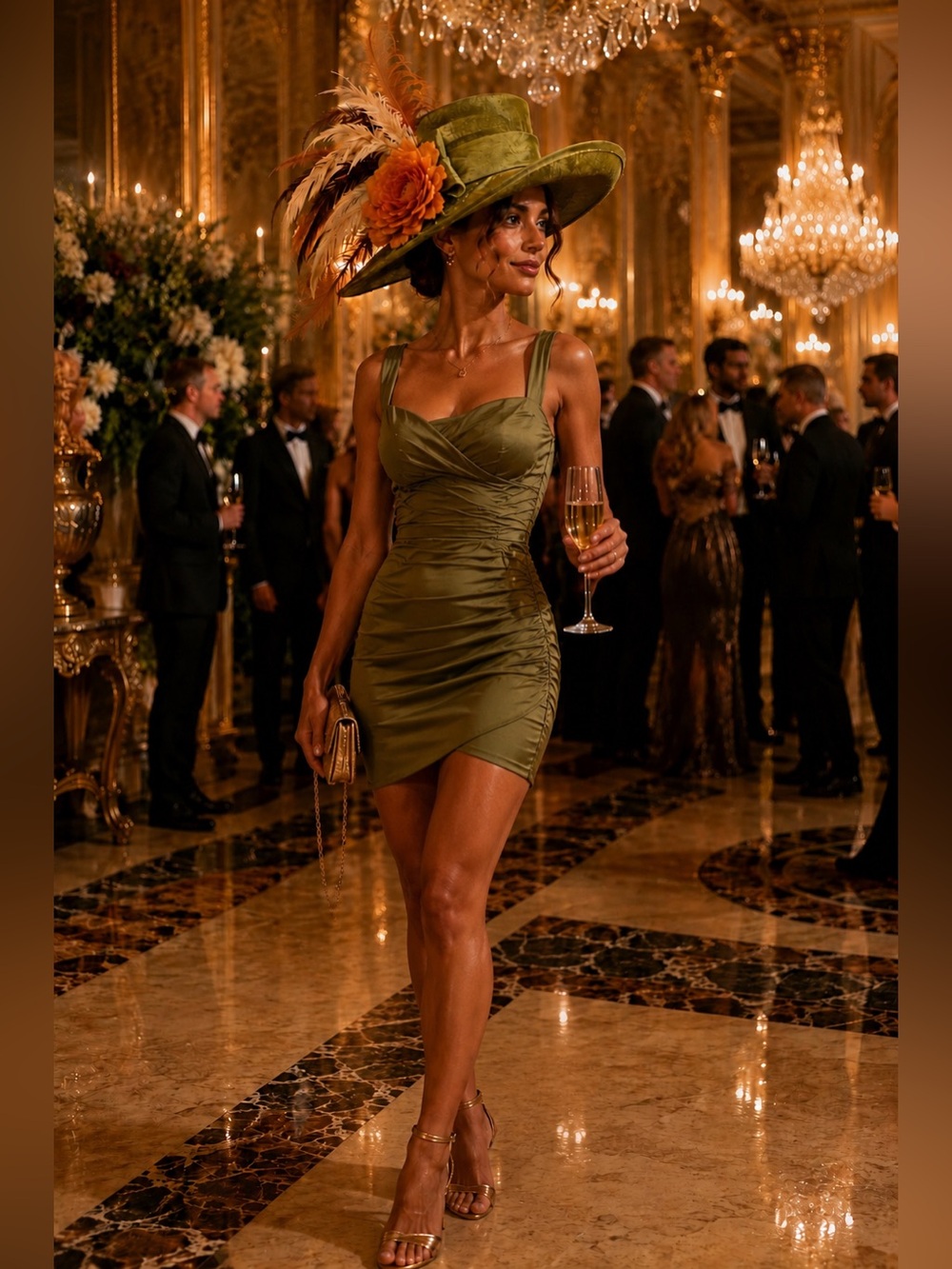Stunning Olive Green Wide-Brim Hat with Orange Floral & Feather Accent